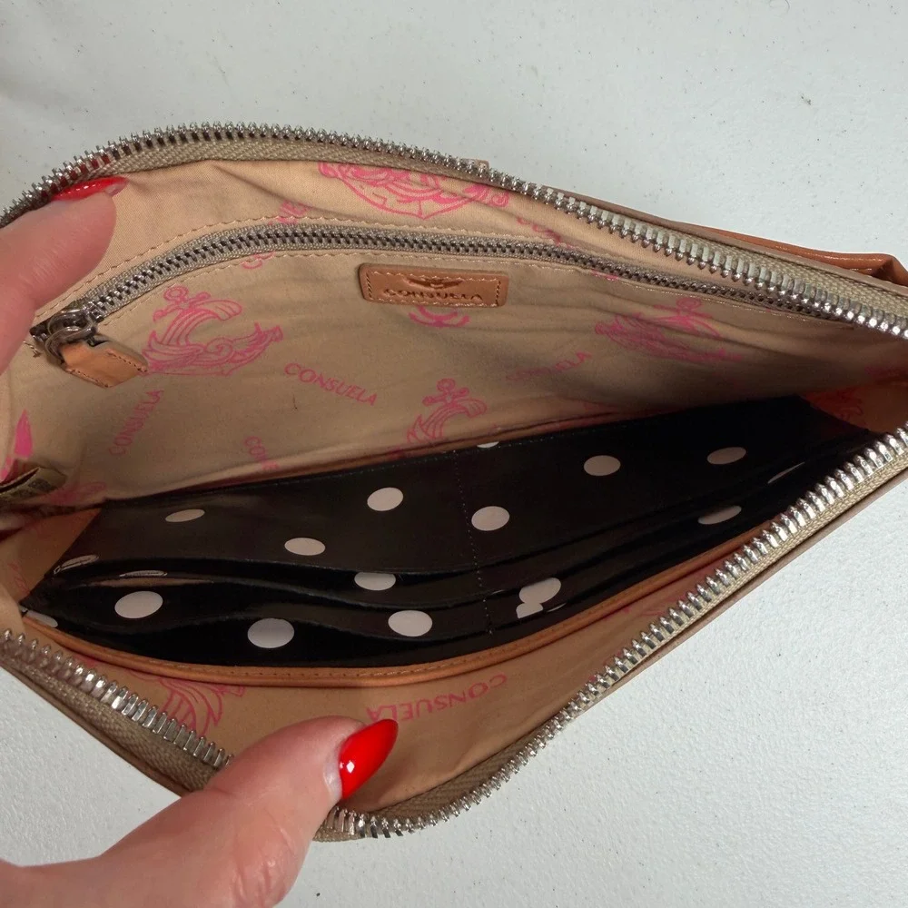 Consuela White Swirly Legacy Wristlet Clutch Wallet Floral Striped Leather Trim